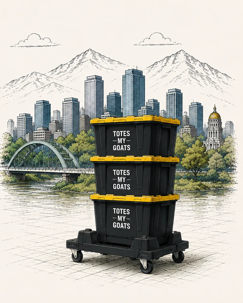 Illustration of three Totes My Goats moving totes stacked on a Tote Taxi in front of the Denver skyline, Rocky Mountains, bridge and Colorado State Capitol