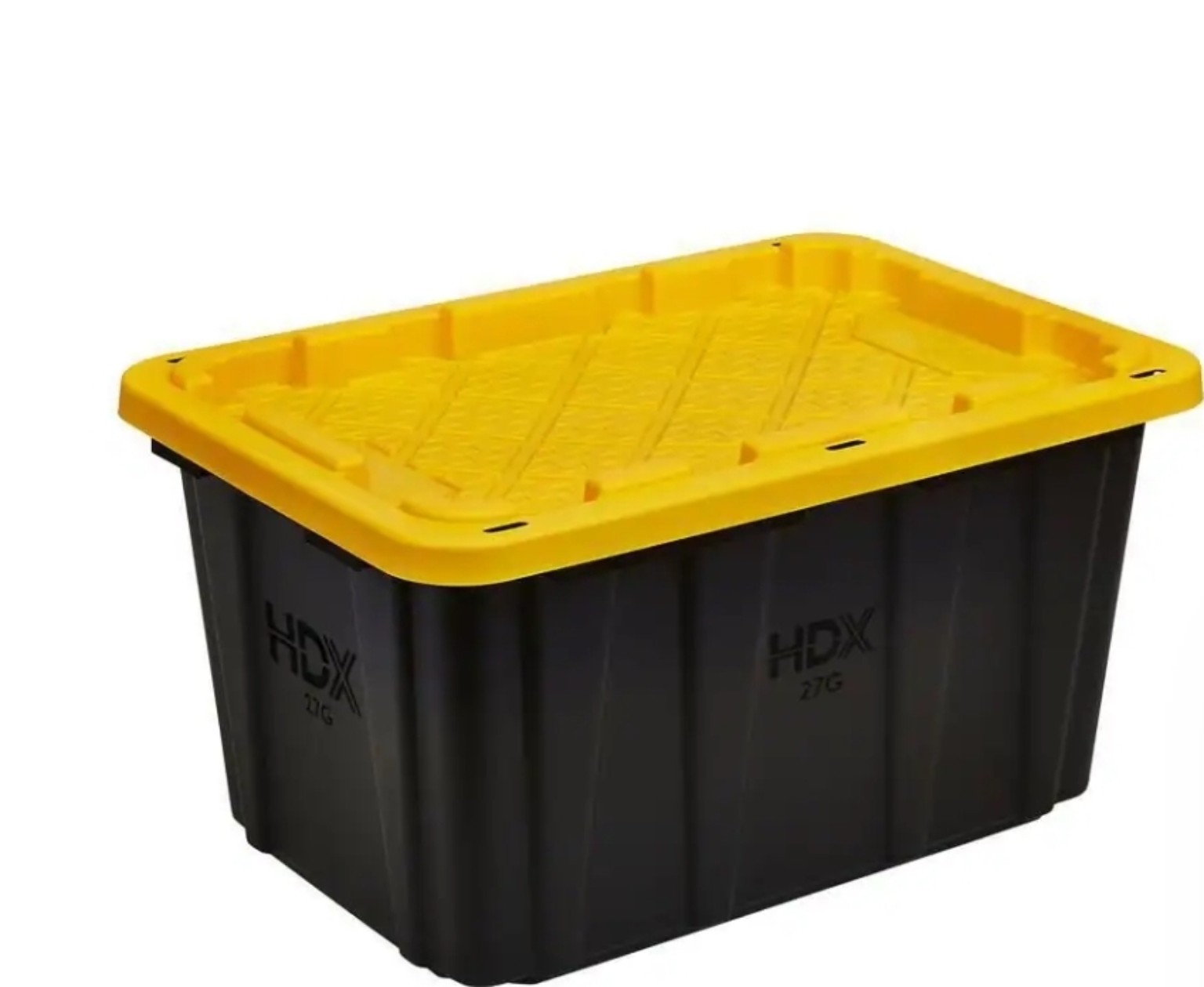 Totes My Goats 27-gallon black moving tote with a yellow lid