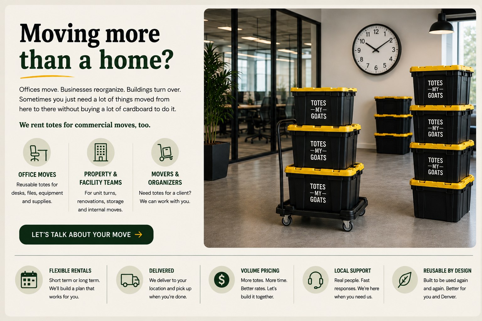 Moving more than a home? We rent totes for commercial moves, too — office moves, property and facility teams, movers and organizers.