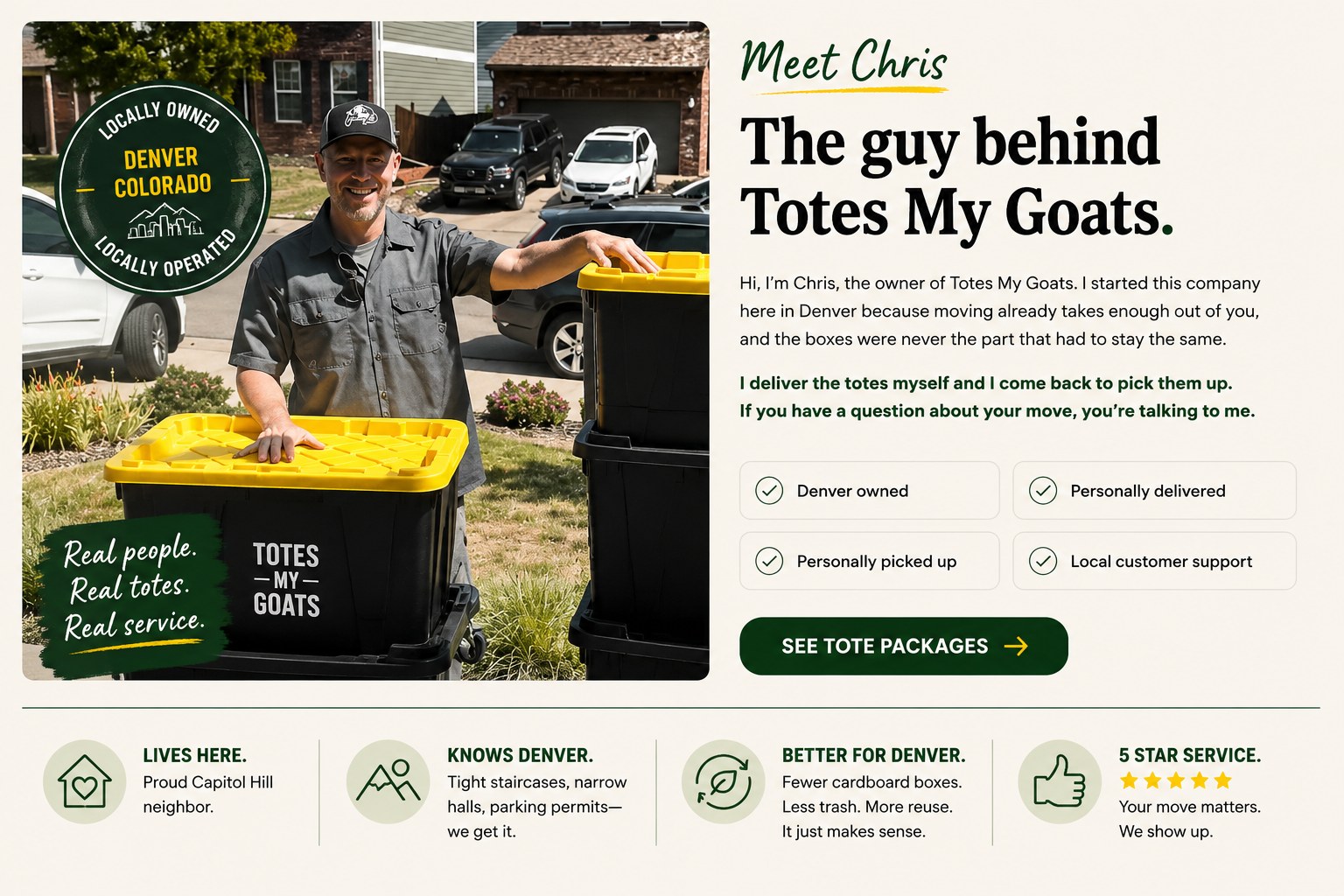 Meet Chris, the guy behind Totes My Goats, standing with Totes My Goats totes outside a Denver home.